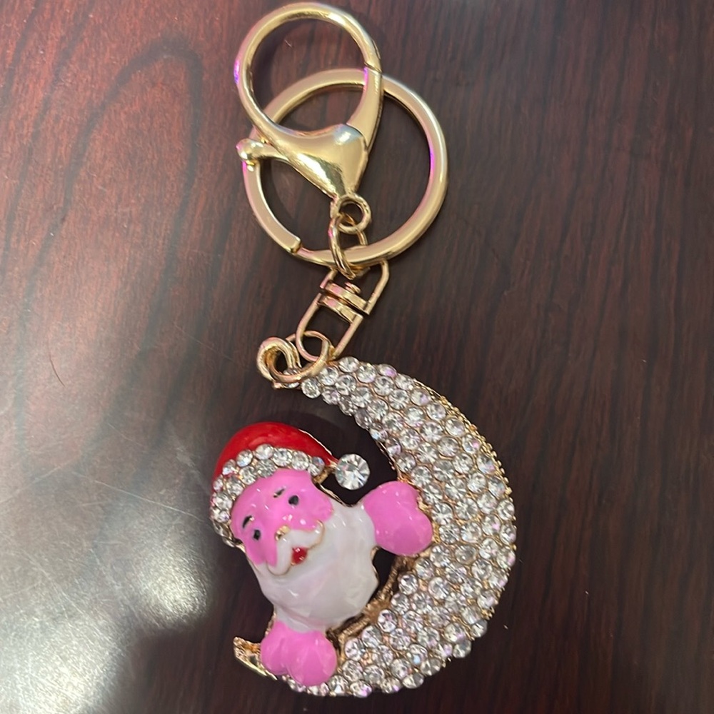 Bag Charm and /or Key Chain adorned w/a Pink SantaCrescent Moon Rhinestone